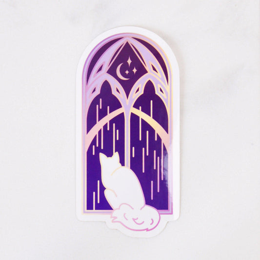 Windowsill Cat Die Cut Sticker - Die Cut Sticker - Cute Cat Stickers - Purple Gold Vinyl Sticker - Magical Themed Sticker - Witchy Sticker