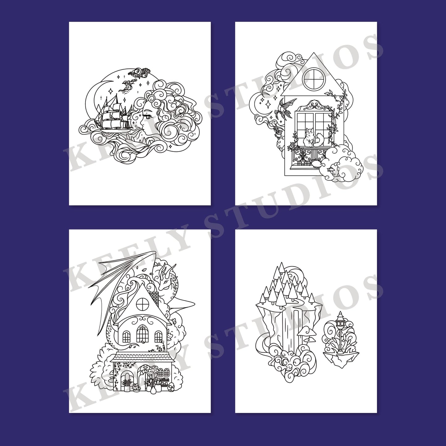 The World of Keely Studios Coloring Book - 30 Adult Coloring Pages - Spiral Bound - Handmade