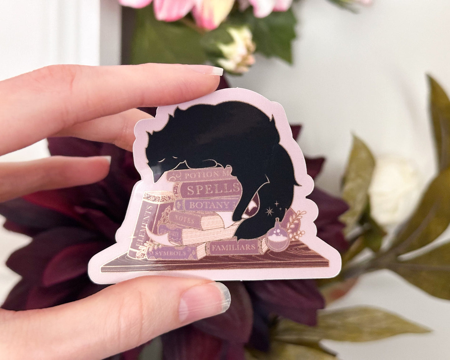 Sleepy Cat Familiar Books Die Cut Gold Mirror Effect Sticker